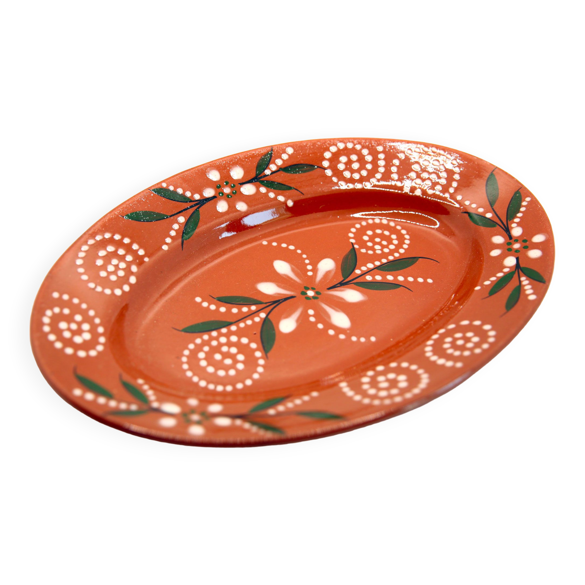 Artisanal oval dish of Portugal in glazed and flowery clay