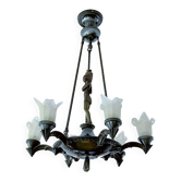 Large Art Deco sculptural chandelier in bronze and glass, 1930s