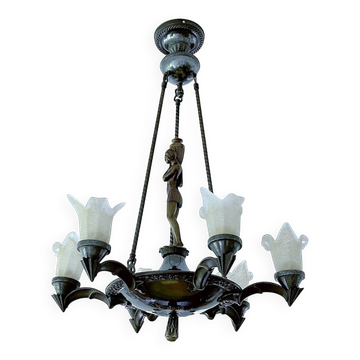 Grand lustre sculptural Art Déco en bronze et verre, années 1930