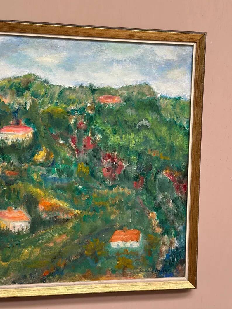 Original Swedish Oil on Canvas – “Hilly Landscape with Houses” by Lalla Blecher – Signed – Vintage & Framed