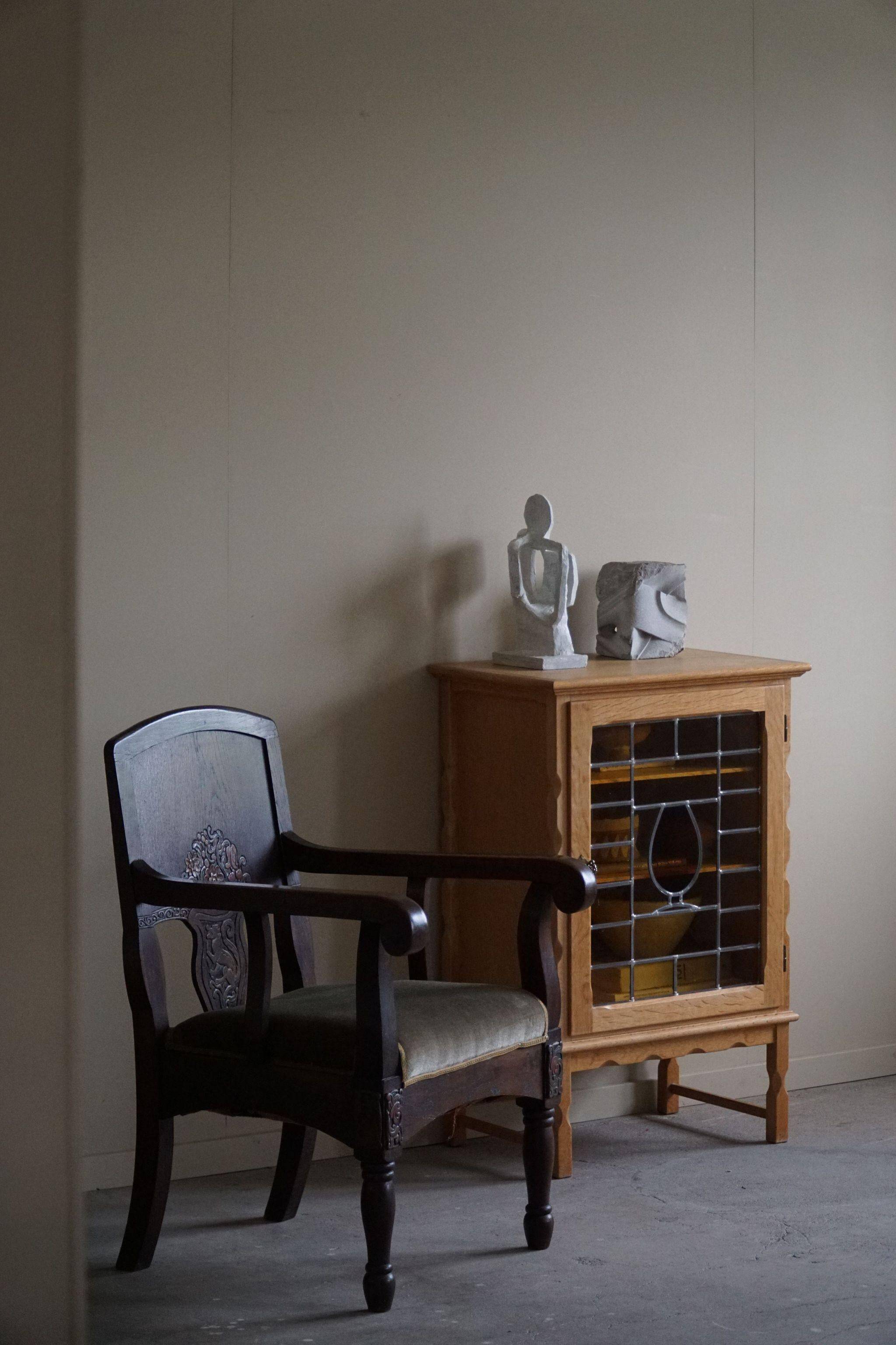 Hand-carved oak and velvet armchair, Danish furniture maker, Art Nouveau, 1939