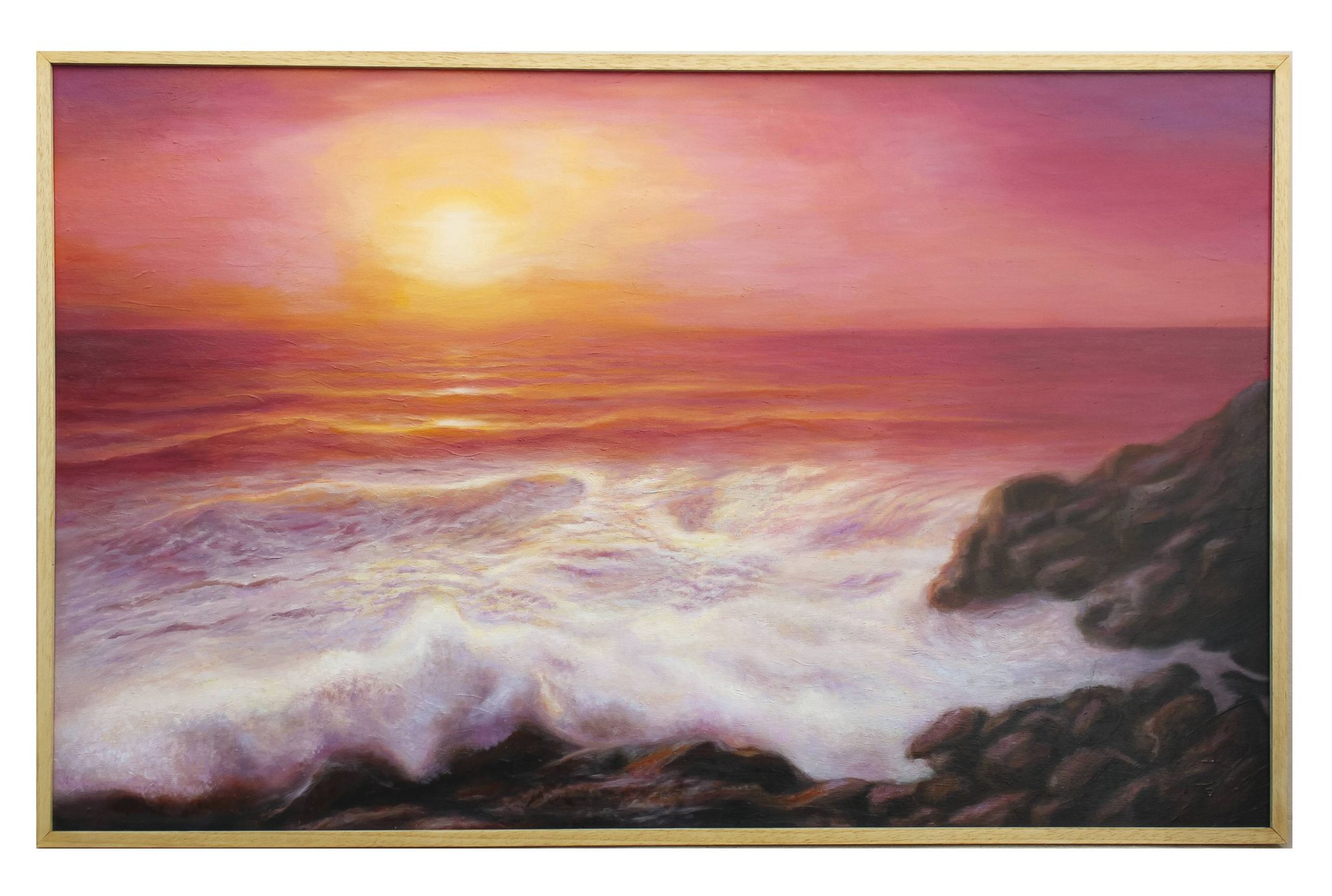 Cuadro del mar al oleo. Pintura de puesta de sol en el mar.