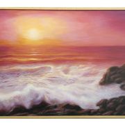 Cuadro del mar al oleo. Pintura de puesta de sol en el mar.