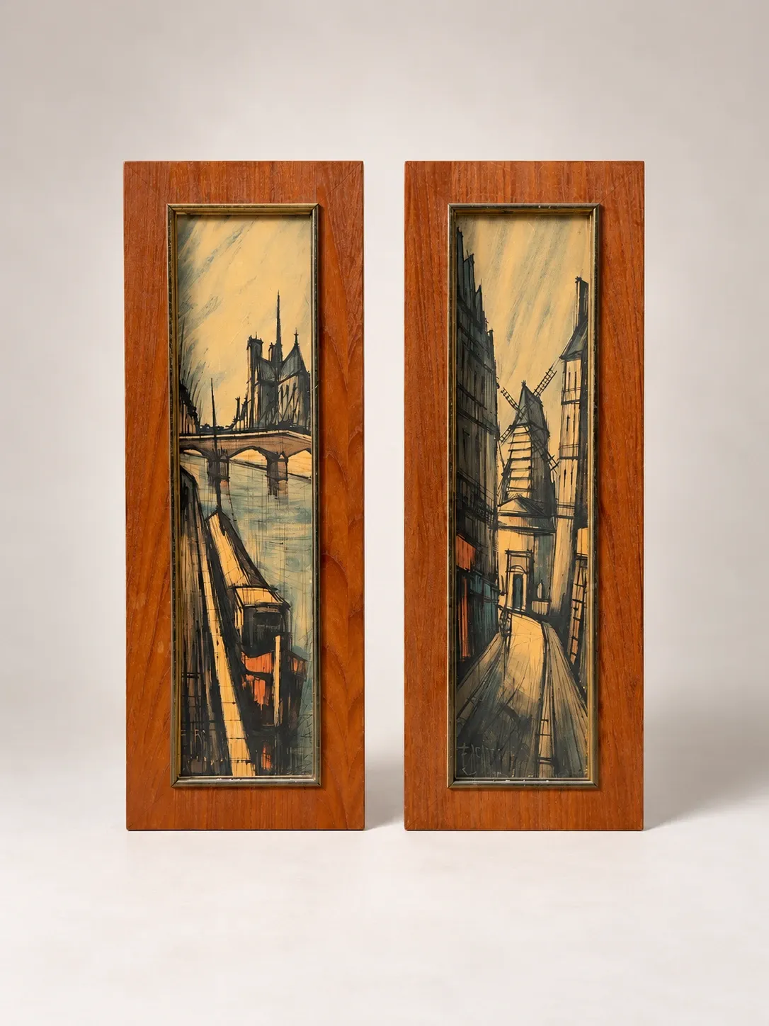 Set of 2 vintage paintings – Views of Paris – Wooden frames
