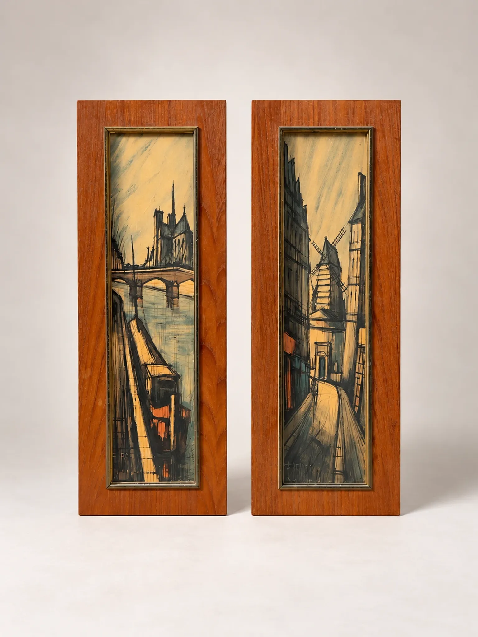 Set of 2 vintage paintings – Views of Paris – Wooden frames