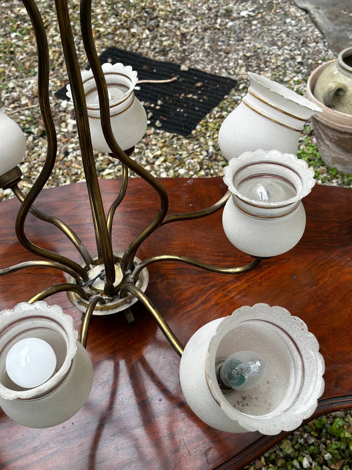 Vintage Lustre Brass and Frosted Glass with White and Gold Large Grains 8 Lights