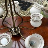 Vintage Lustre Brass and Frosted Glass with White and Gold Large Grains 8 Lights