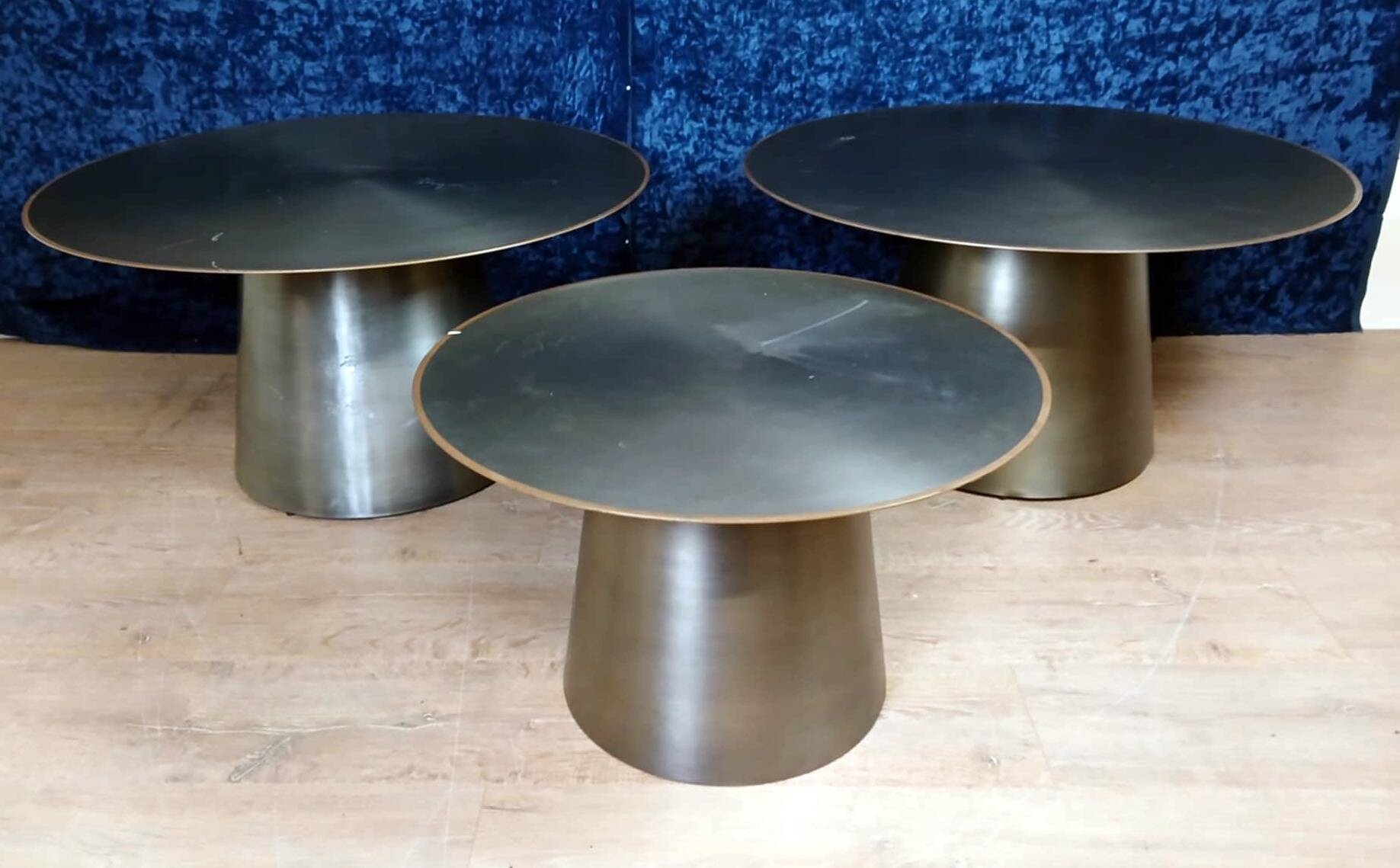 Set of three designer coffee tables in frosted metal, circa 1990/2000