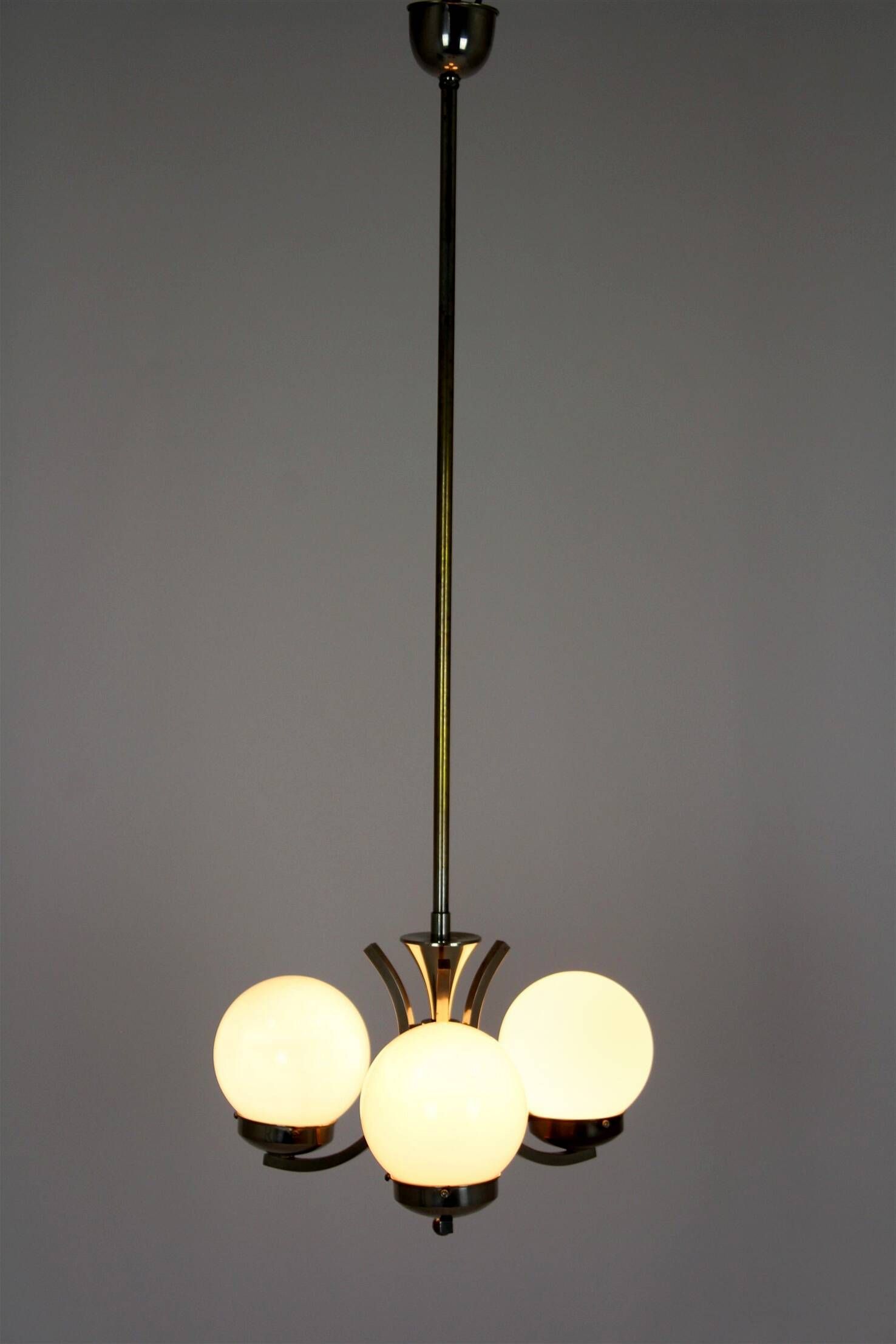 Vintage Czech Bauhaus style pendant light, tall, with opaline glass globes, 1940s