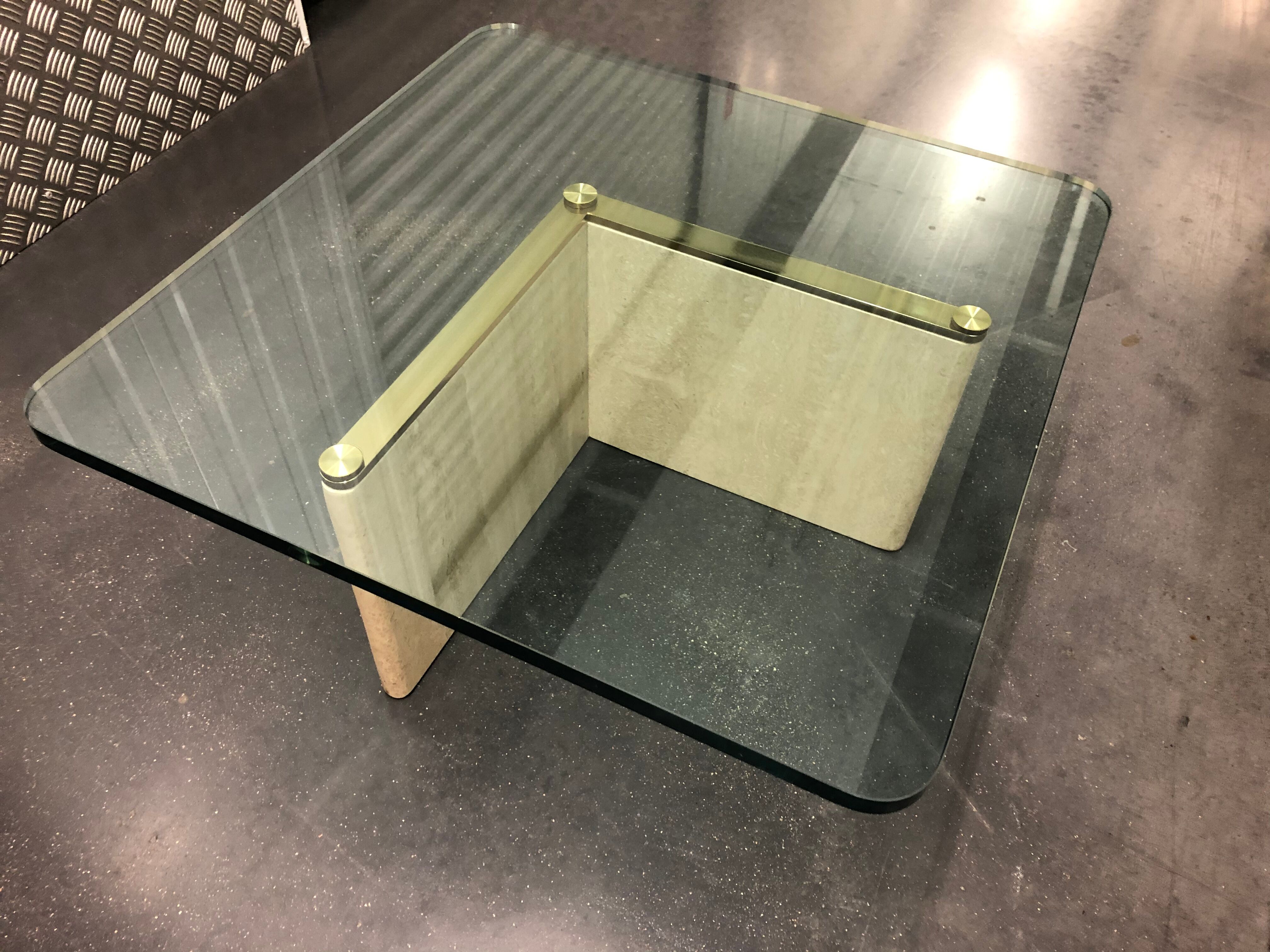 Square travertine vintage bass tabke and glass slab around 1970