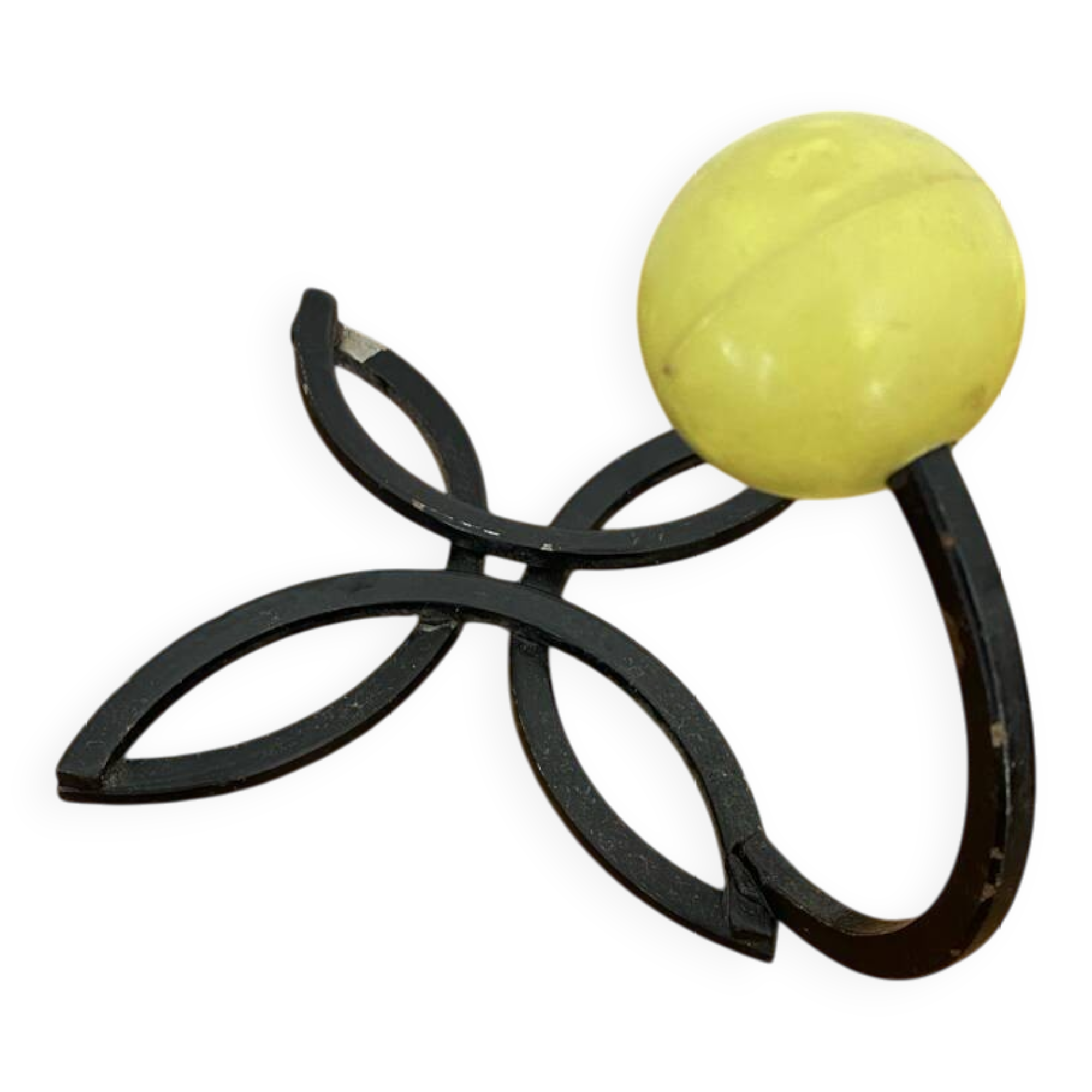 Old Black Wrought Iron Wall Hook + Yellow Plastic Ball 70's Vintage