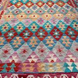 Afghan kilim rug colored red pink blue yellow diamond handmade wool