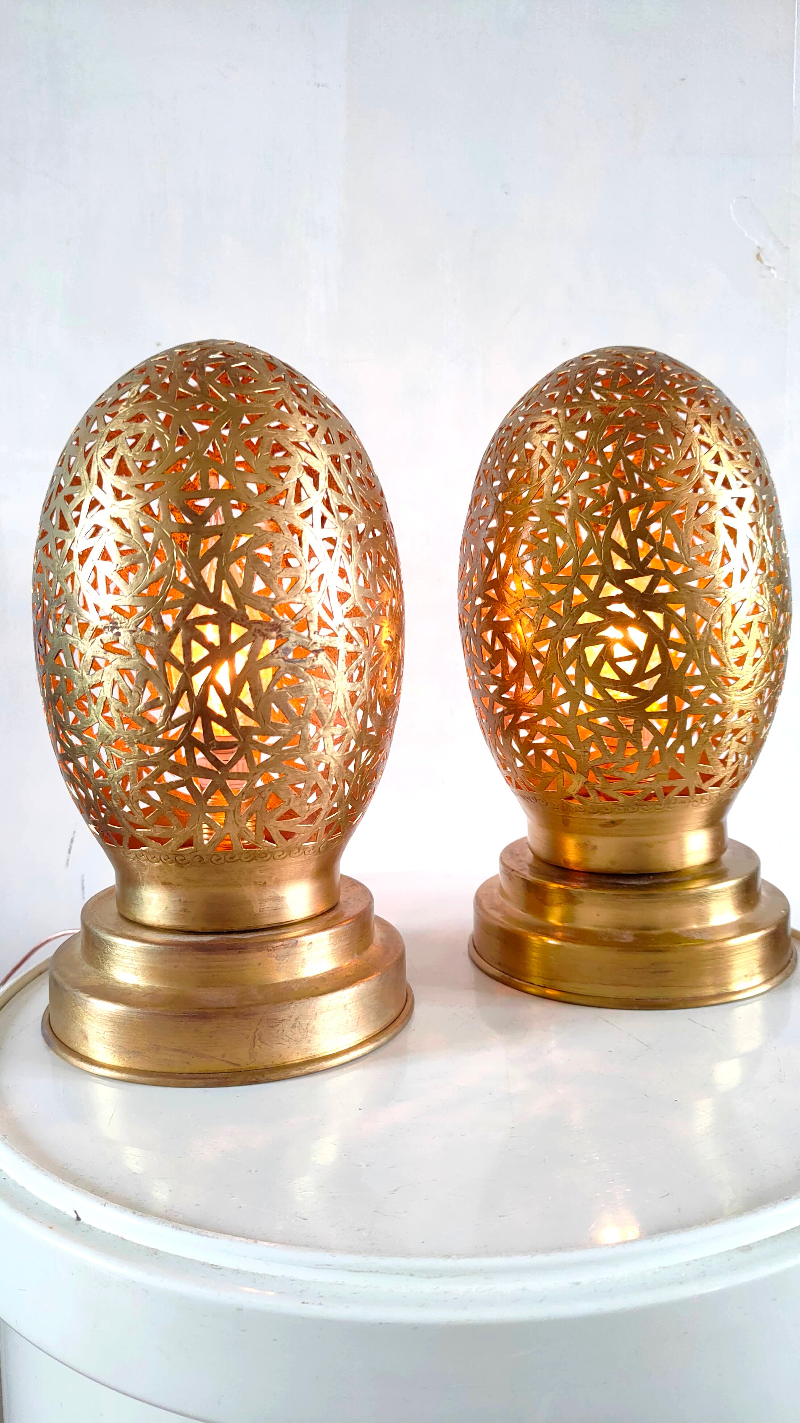 Pair of openwork metal egg lamps design 60s 70s
