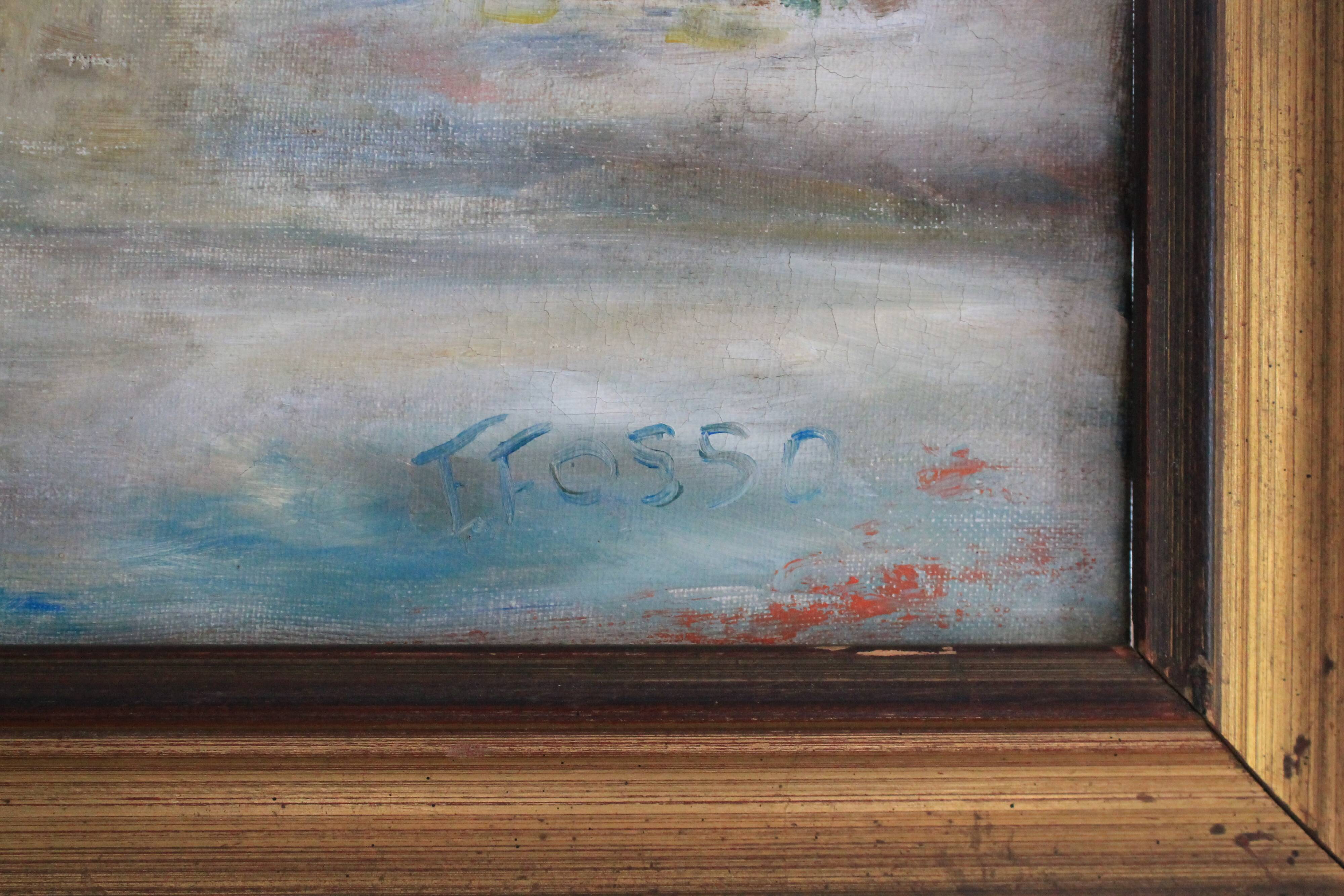 Oil on canvas signed F. Fosso, depicting a man pulling a cart.