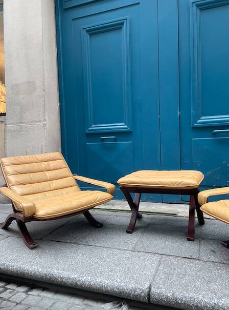 Paire de fauteuils pliants en cuir palissandre