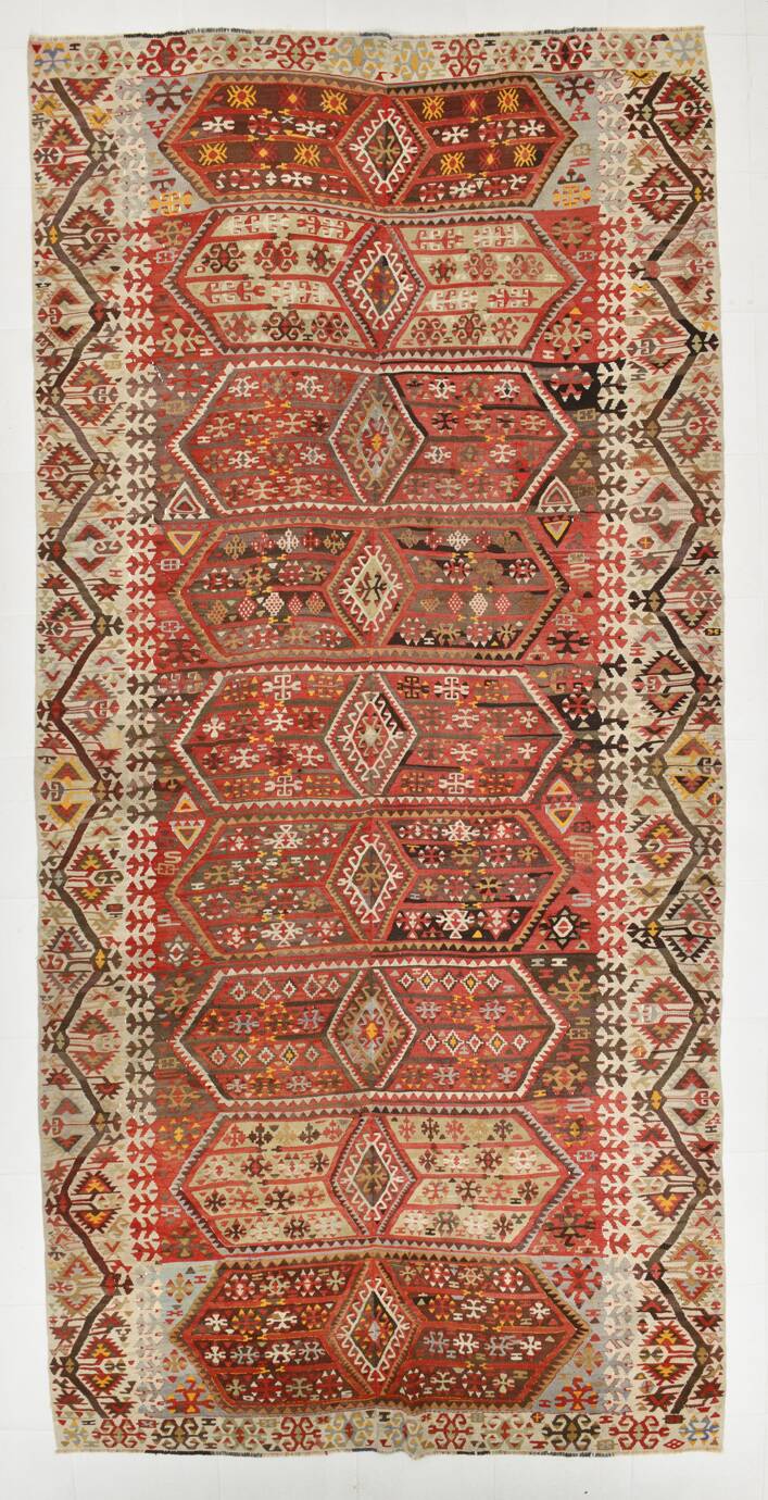 6x13 Beige & Red Wool Kilim Rug, 193x406Cm