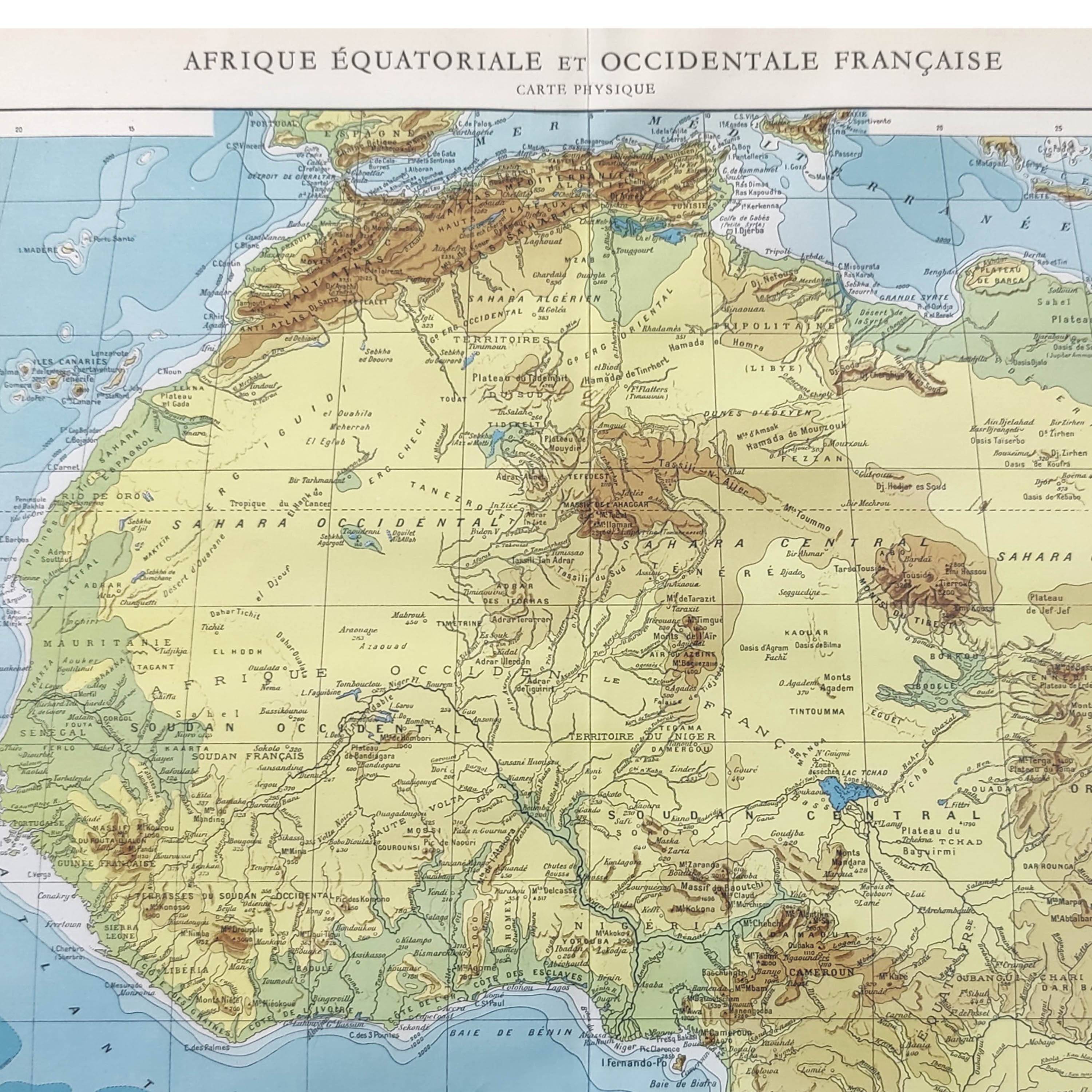 Antique map of French equatorial and western Africa in 1950 43x43cm
