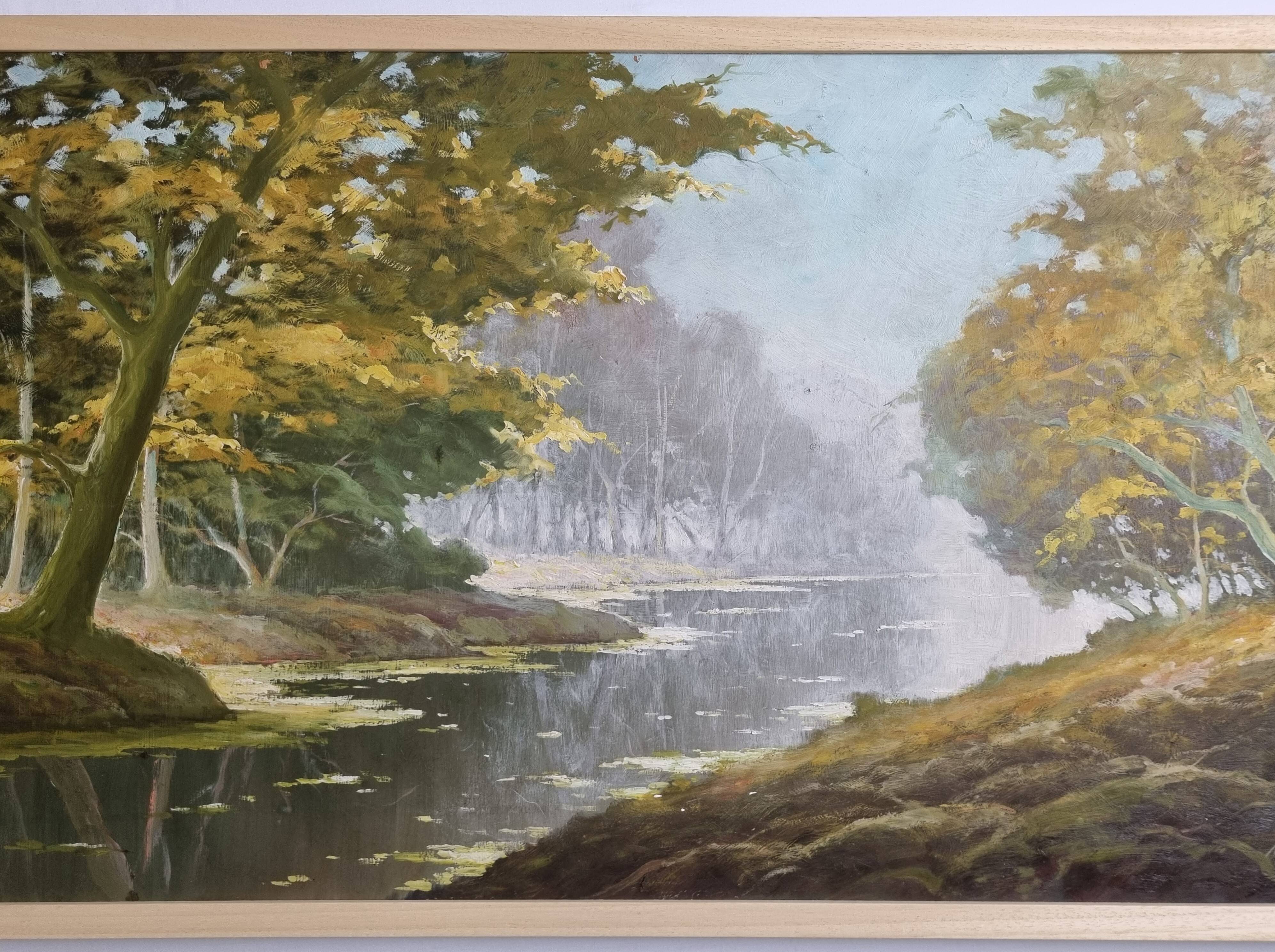 Oil on panel signed by Maurice Leuleu Autumn landscape 104x54 cm framed