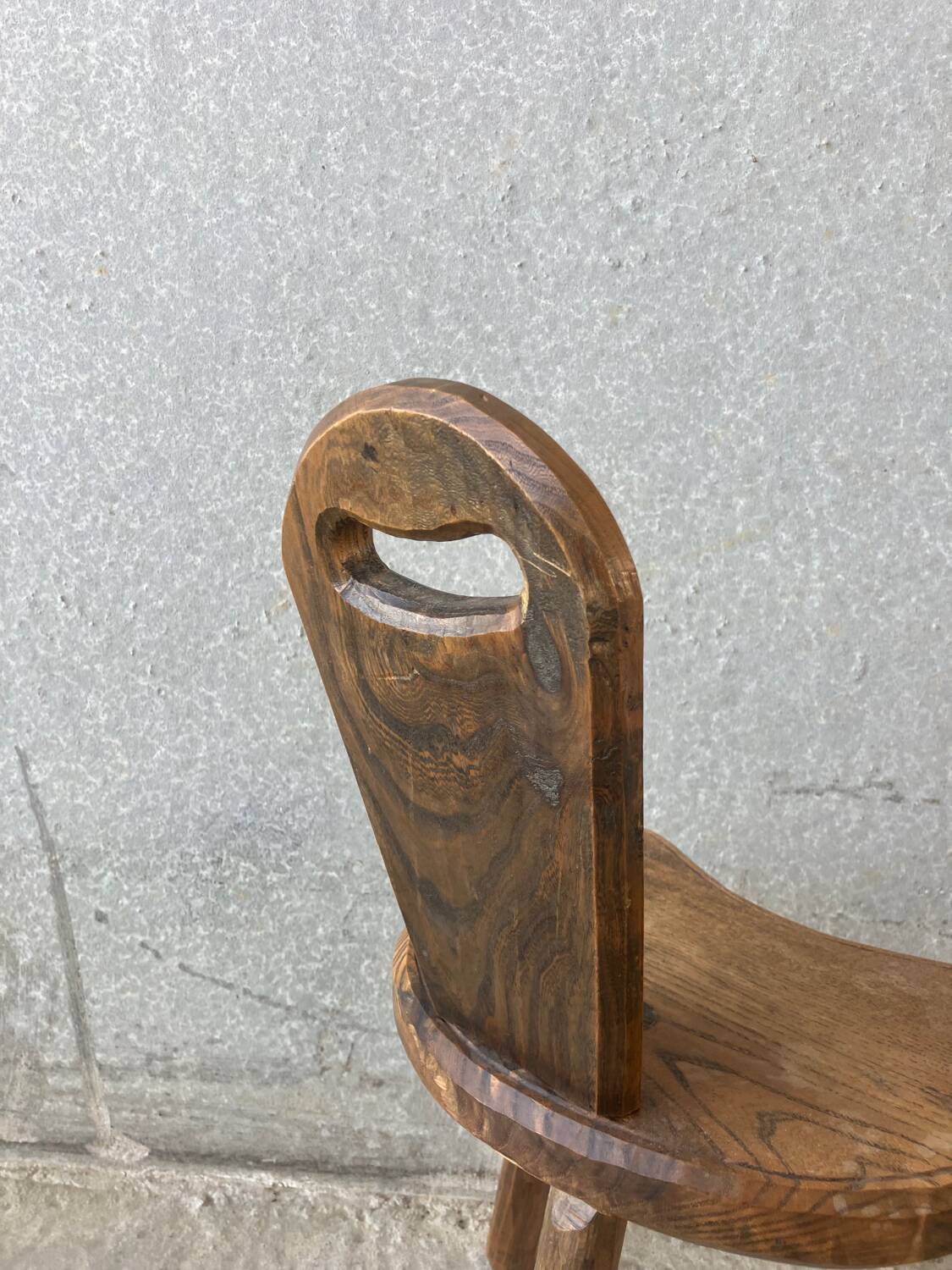 Brutalist tripod stool with backrest, France, vintage 1950s