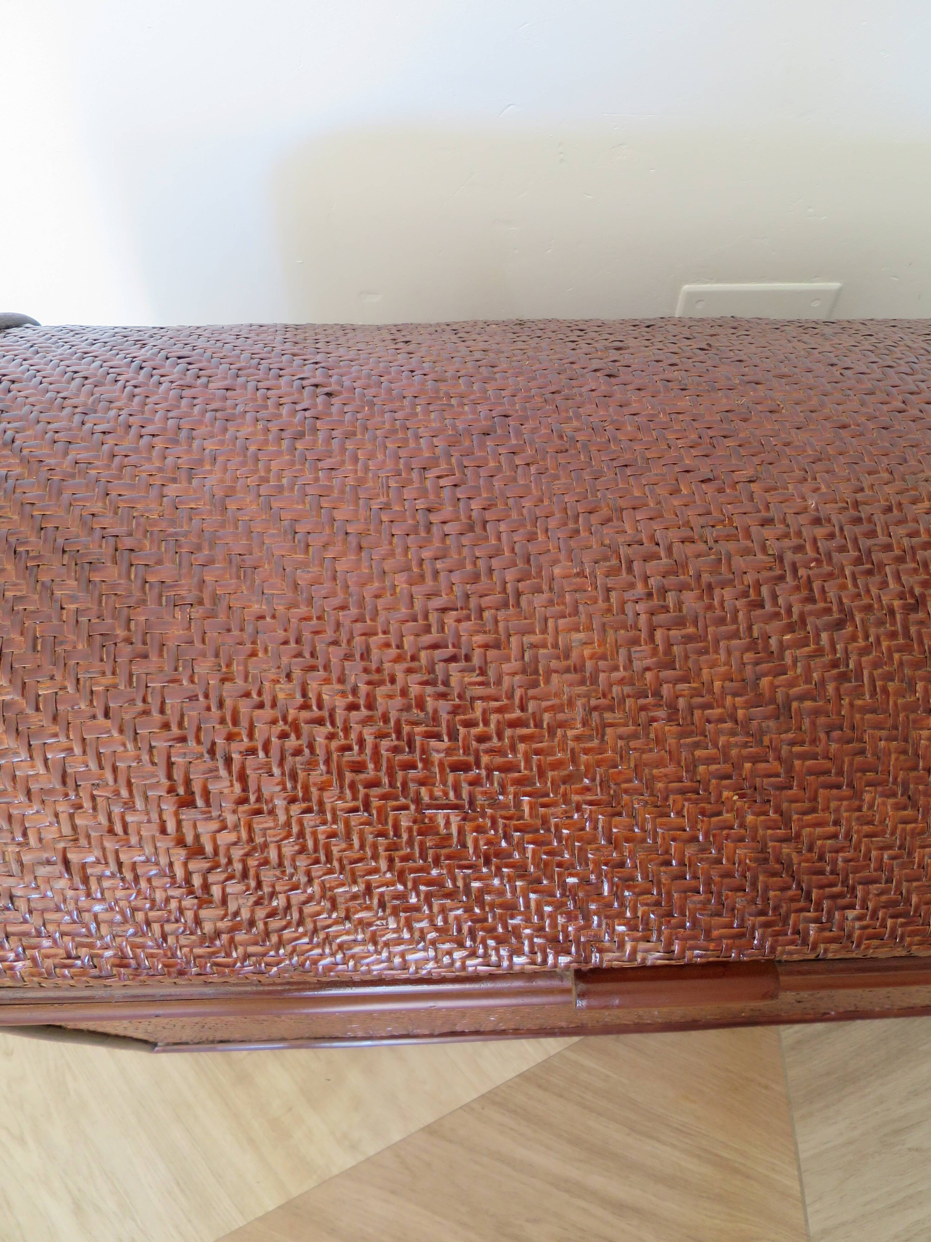 Vintage storage chest - curved - woven rattan - 1970s - mahogany colour