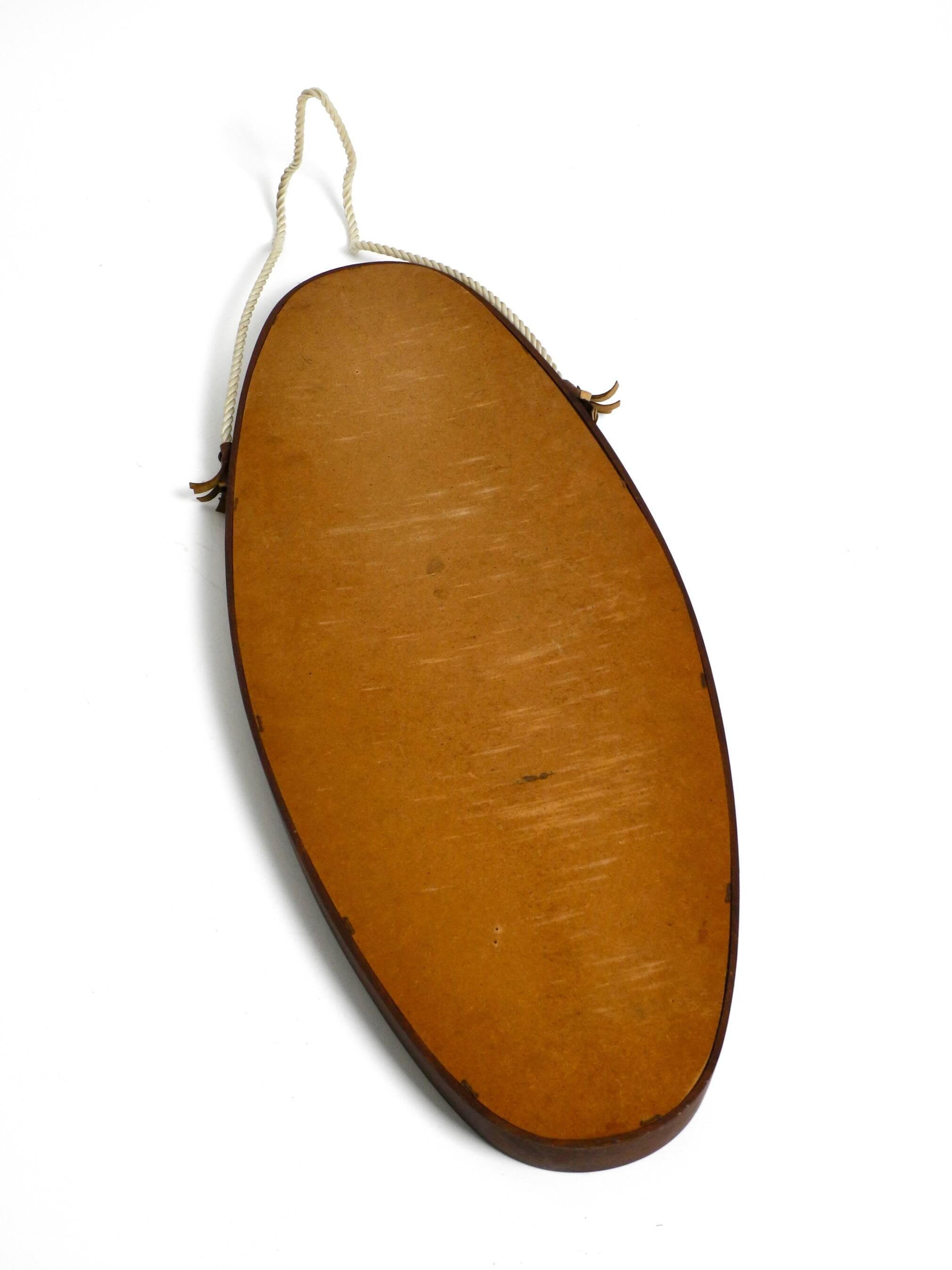1960s oval large teak wall mirror with thick nylon rope | Made in Italy