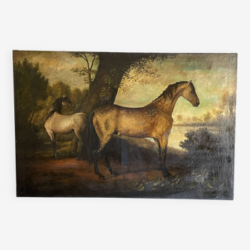 Importante peinture à l'huile de chevaux sur fond de paysage lacustre 130x86