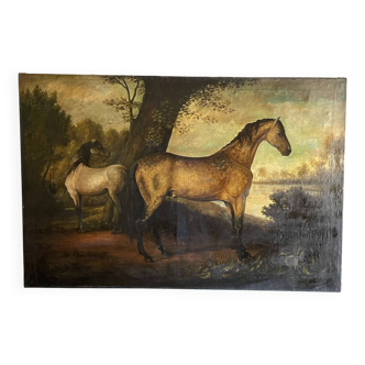 Importante peinture à l'huile de chevaux sur fond de paysage lacustre 130x86