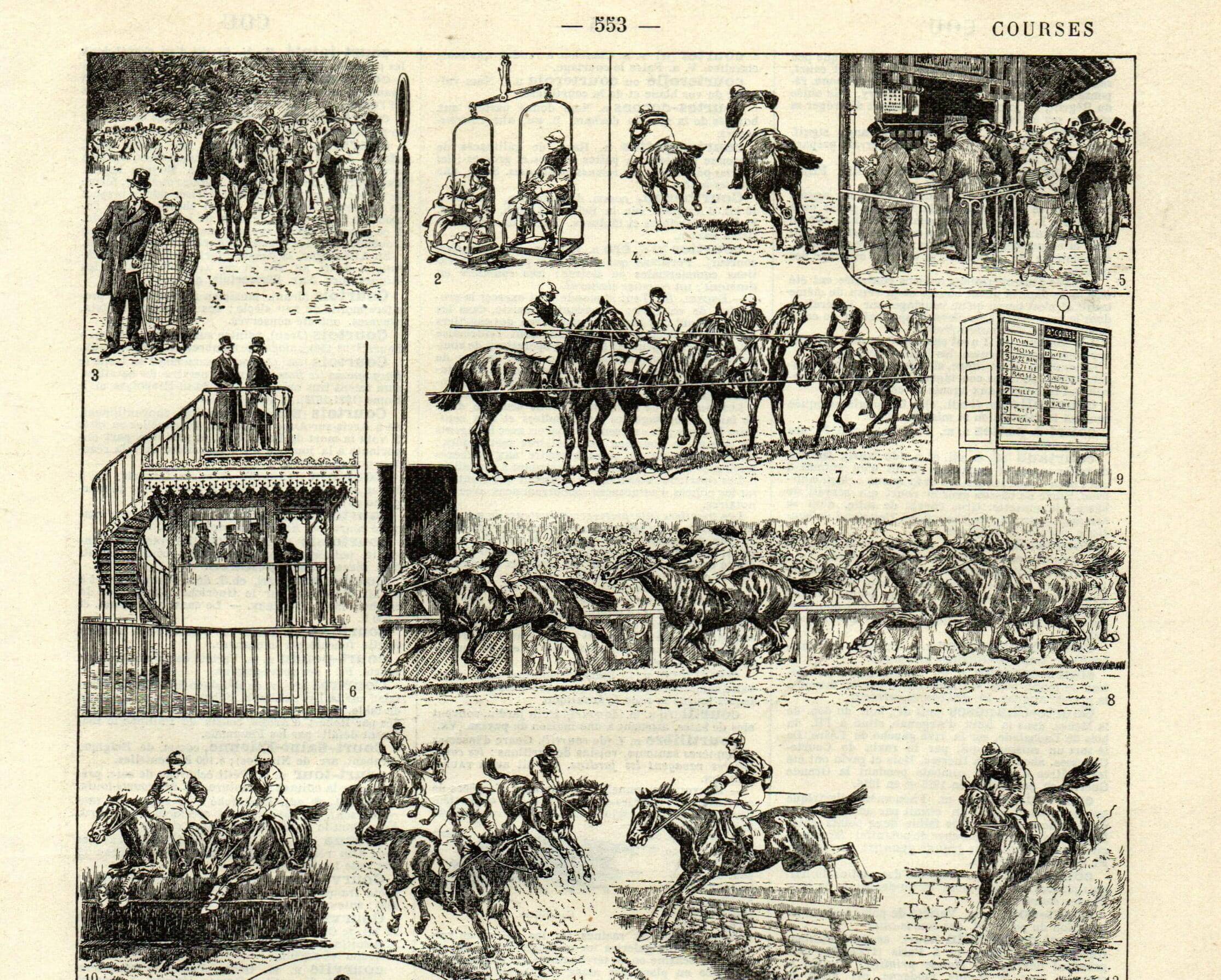 Gravure ancienne 1923 - Courses hippiques par L. Bombled - Cheval litho