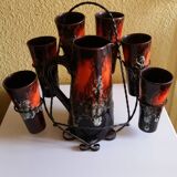Service to orangeade of Vallauris ceramic lava aspect of black, red and white color.