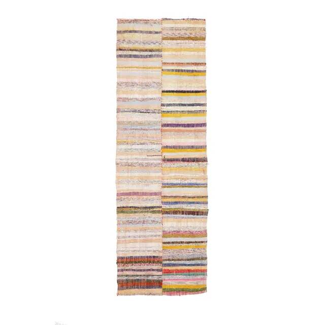 Vintage Turkish hand-knotted wool cotton beige kilim runner rug 85x260