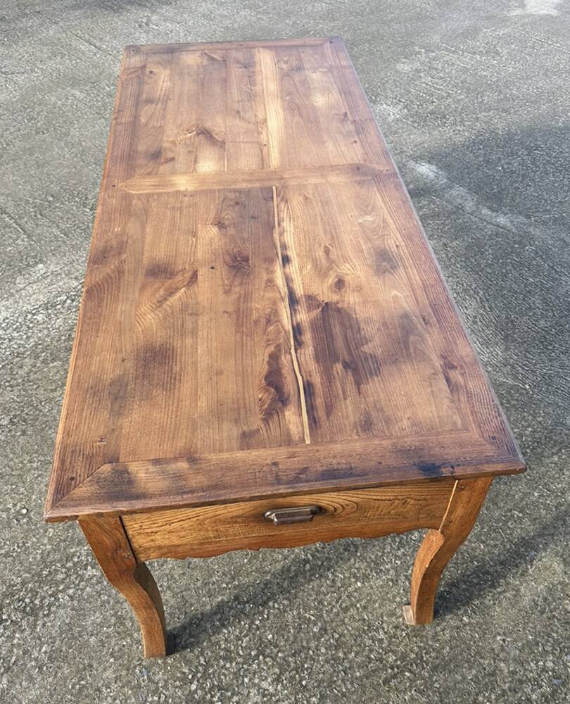 Solid oak farmhouse table, one drawer, vintage, early 20th century.