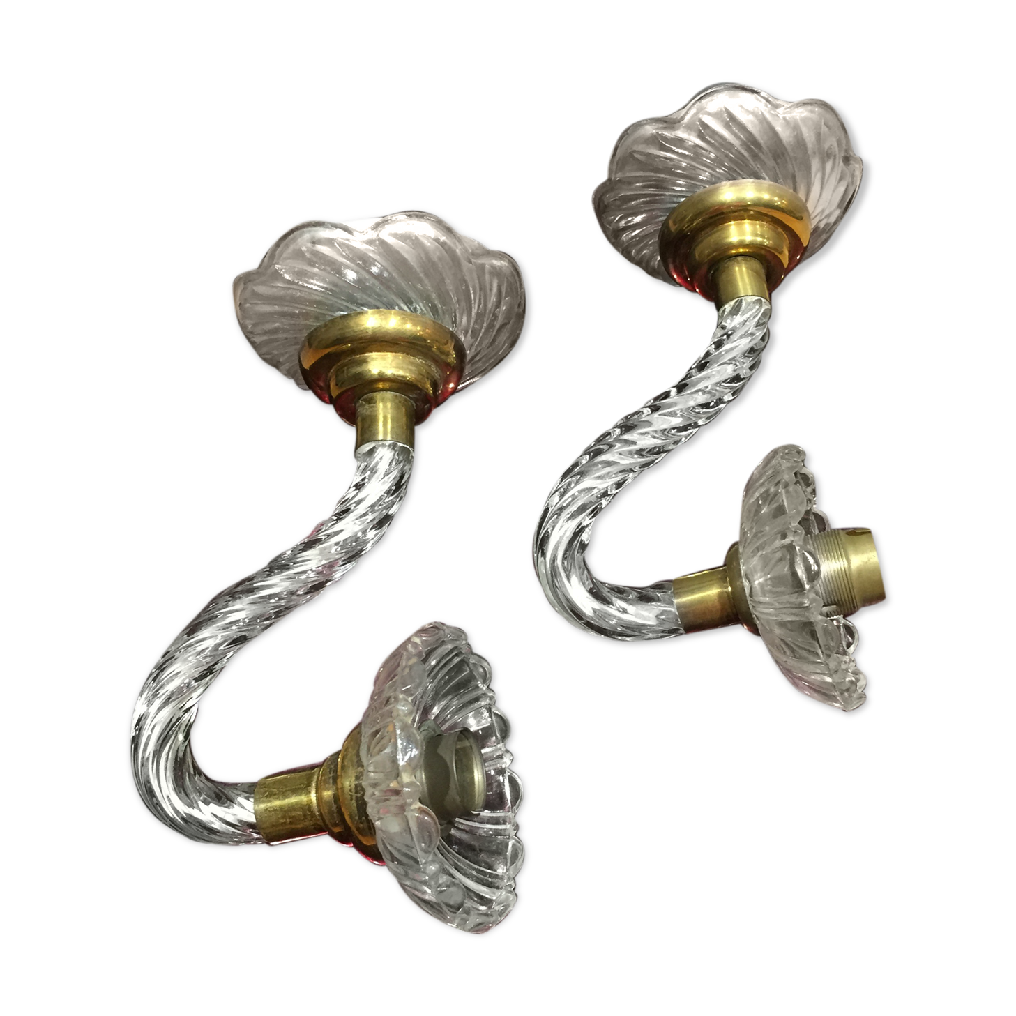 Pair of glass and gold metal sconces in the 1950s