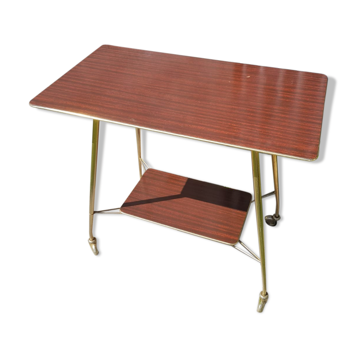 Ancient Dessert Table On Roulettes Golden Metal - Formica 70s Vintage