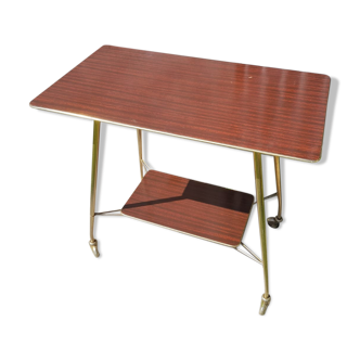 Ancient Dessert Table On Roulettes Golden Metal - Formica 70s Vintage