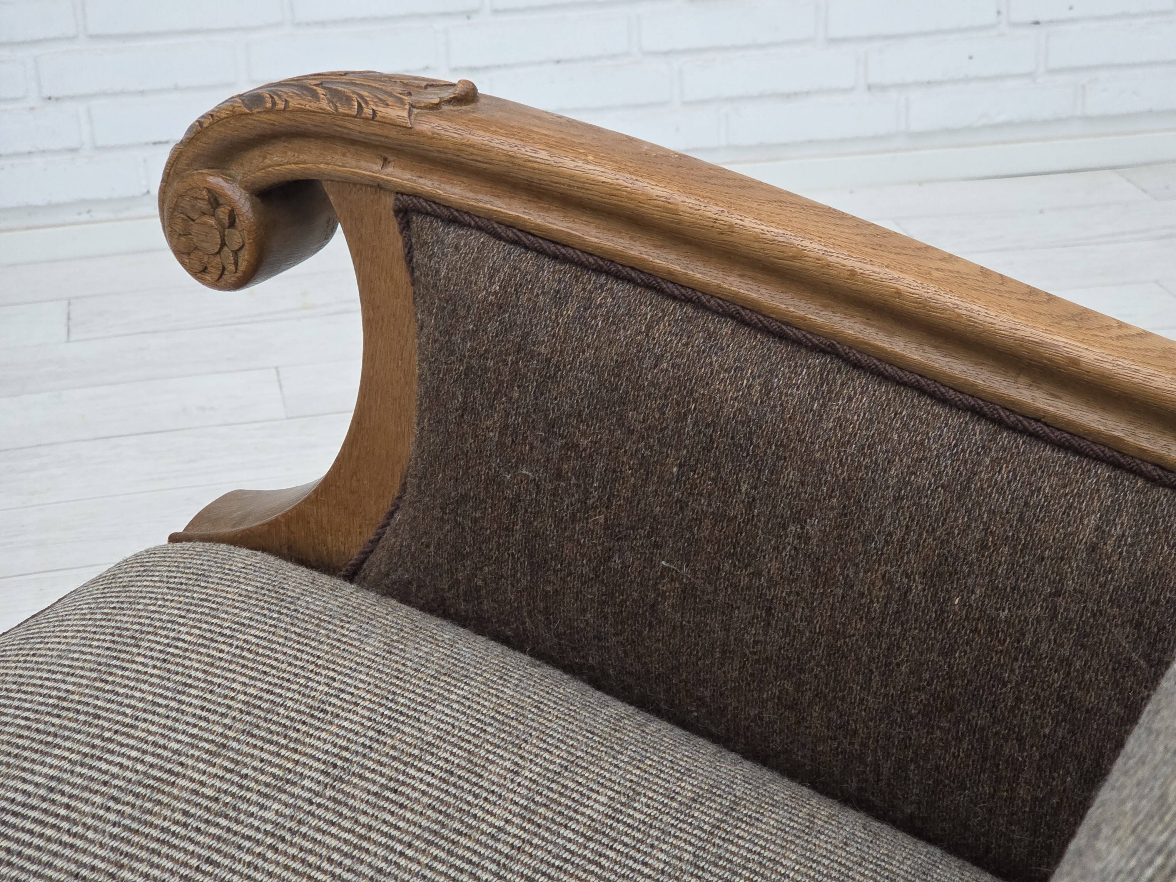 1950s, Danish 3-seater sofa, furniture wool, solid carved oak wood.