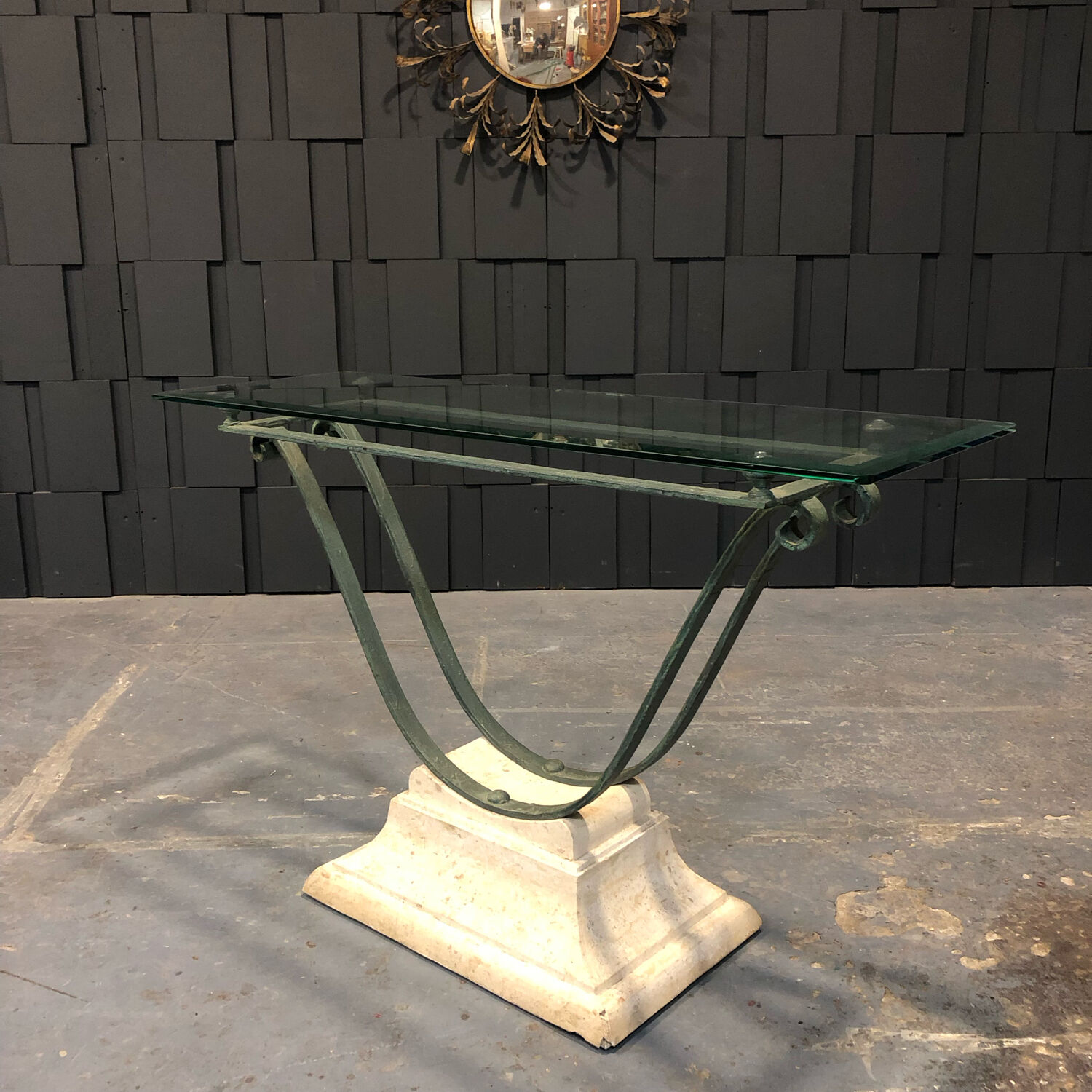 Iron and glass console, antique patina