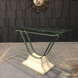 Iron and glass console, antique patina