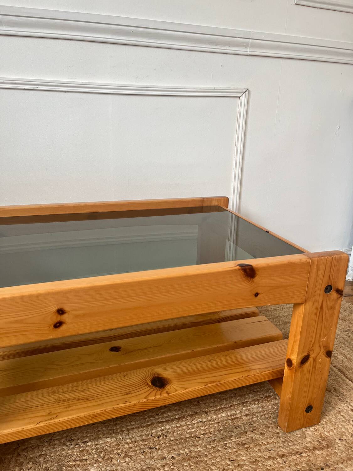 Pine and smoked glass coffee table, 70s-80s