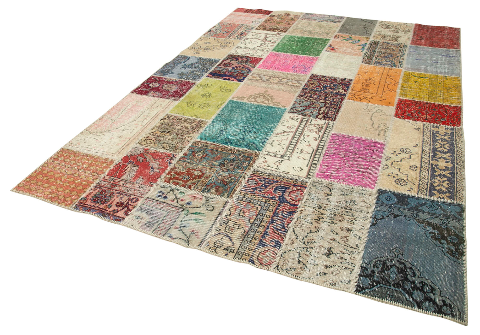 Hand-Knotted Oriental Overdyed 209 cm x 298 cm Multicolor Patchwork Carpet