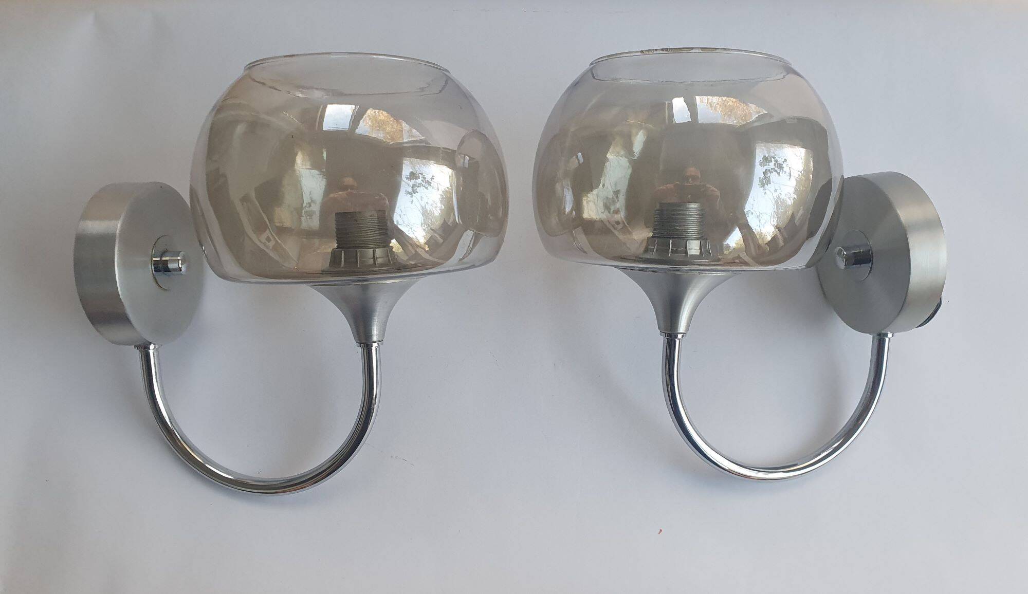 Pair of 1980s chrome metal and smoked glass wall lights