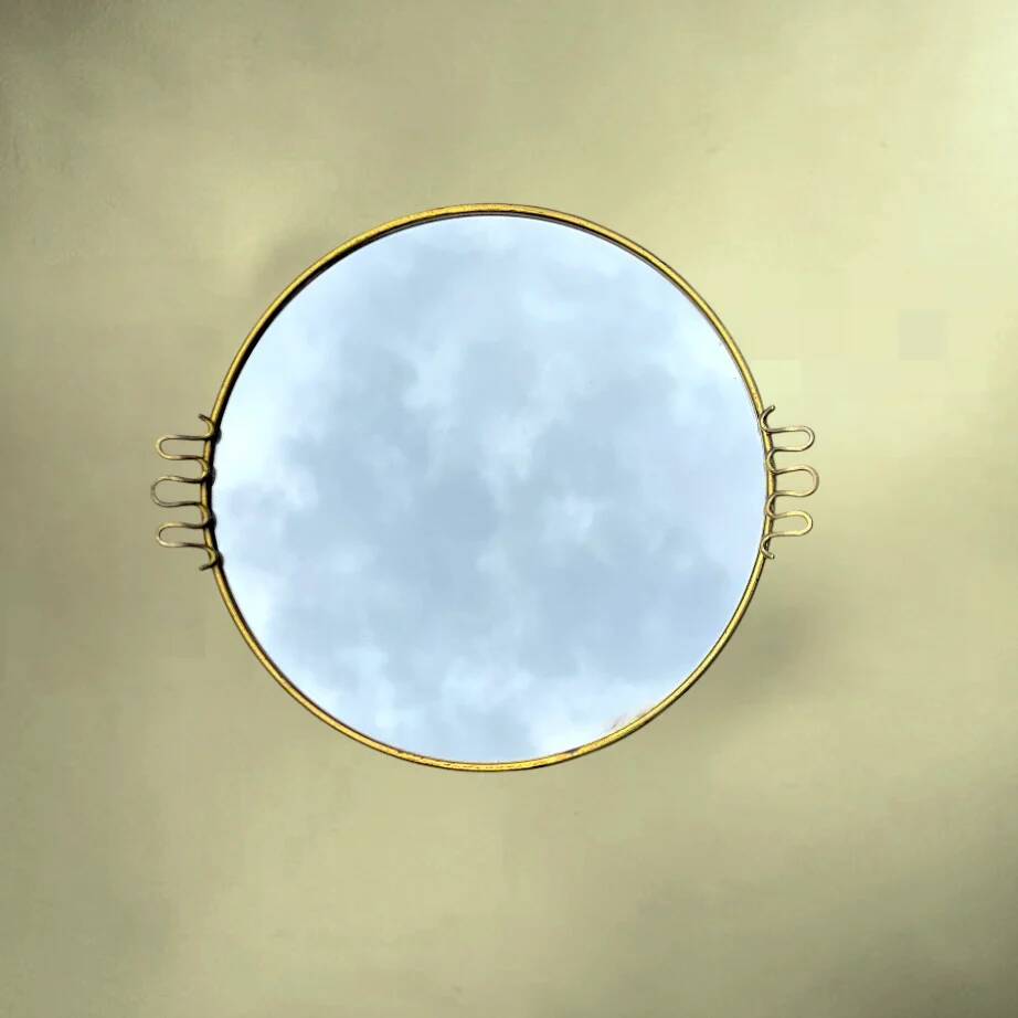 Plateau miroir rond en métal doré style Josef Frank - années 50 60