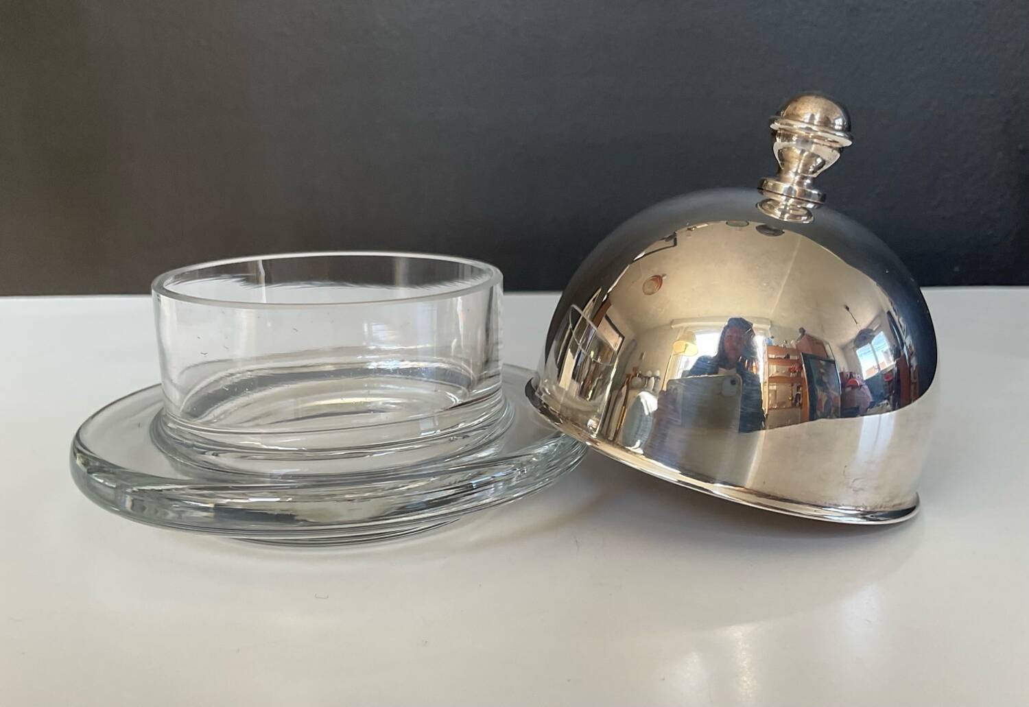 Silver-plated and glass bell-shaped butter dish from the 1970s.