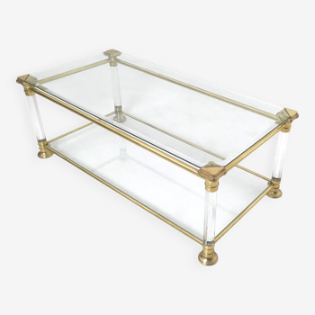 Table basse rectangulaire postmoderne en verre avec cadre en laiton et plexiglas, Italie