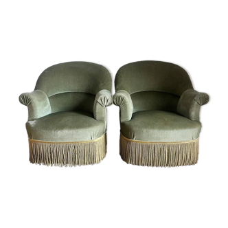 fauteuils crapaud vert sauge et frange doré