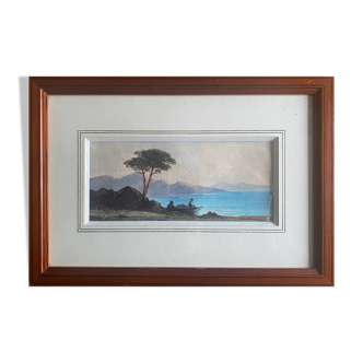 Watercolor Painting "Animated Mediterranean lake landscape" + pitch pine frame