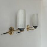 Paire d'appliques vintage laiton et verre, France, 1950
