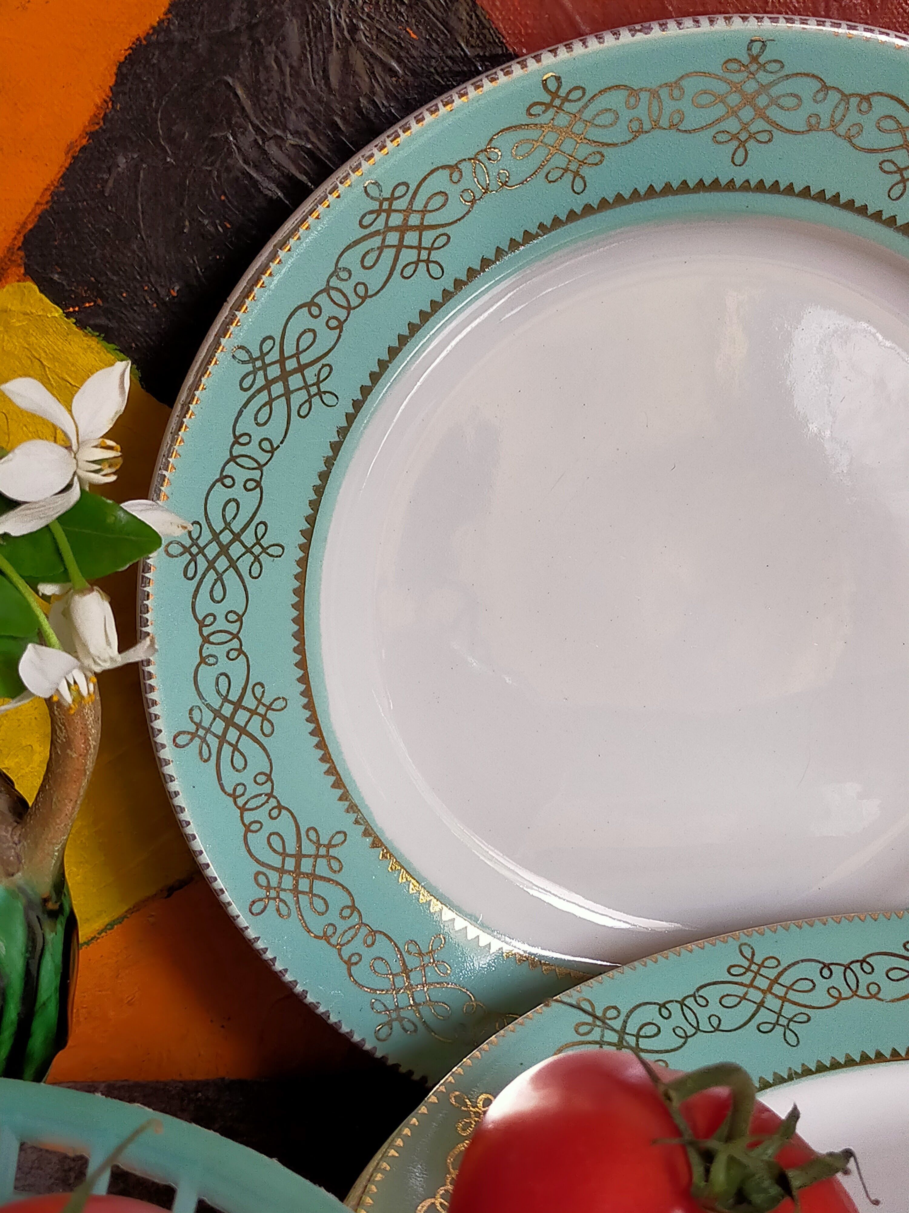 Six plates of vintage Badonviller earthenware with gold frieze