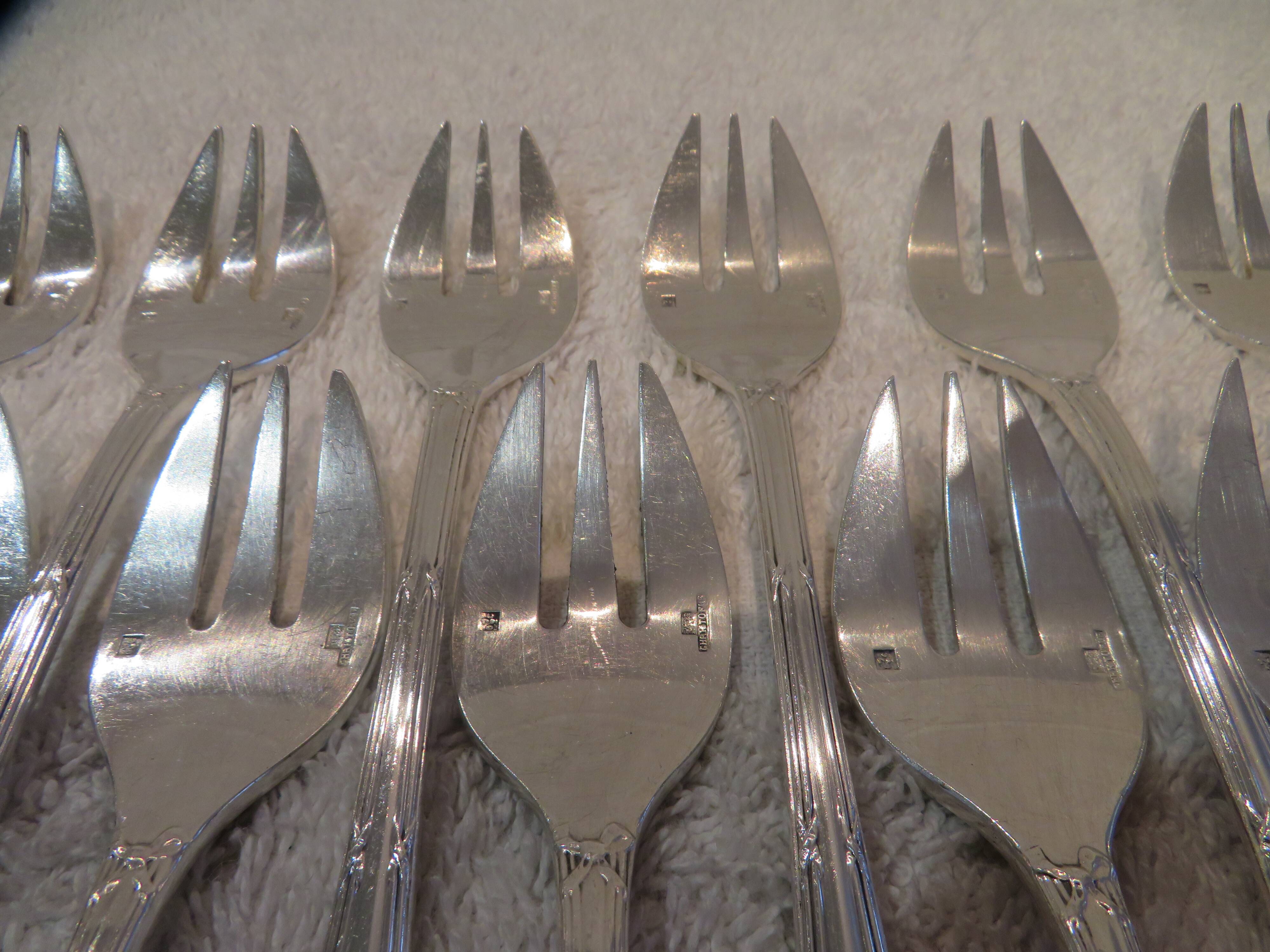 12 silver-plated oyster forks by Christofle Rubans Louis XVI