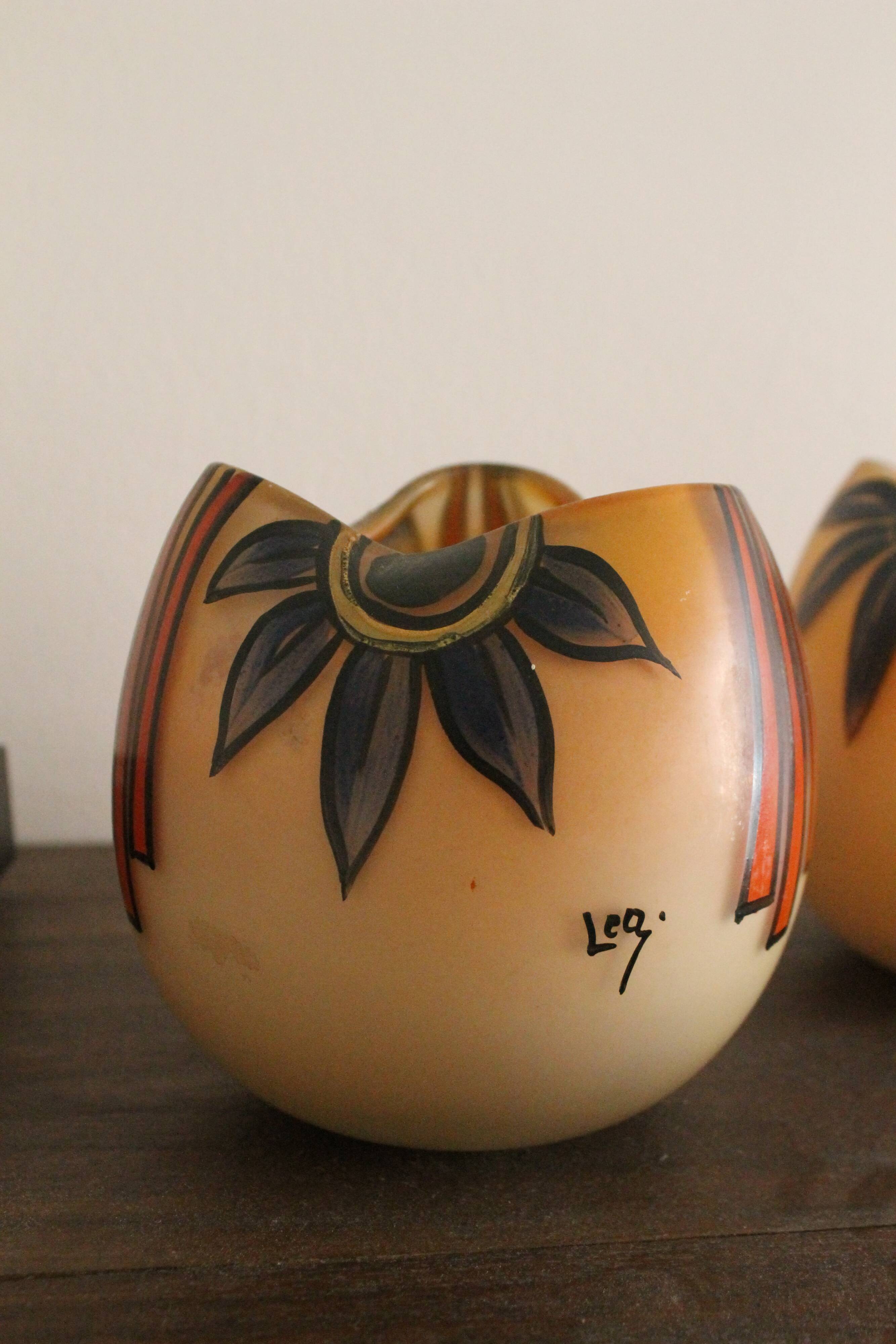 Pair of Legras Art Deco ball vases with orange tree decoration
