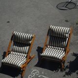 Mid-century dining/lounge chairs in pine and striped cotton canvas, Denmark, 1970s.